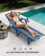 Carauci Lounge Chair Outdoor, HDPE Chaise Lounge with Wheels, 5-Position Adjustable Backrest & 2 Cup Holders Patio Lounge Chair, All-Weather Pool Sun Lounger for Poolside, Backyard, Blue