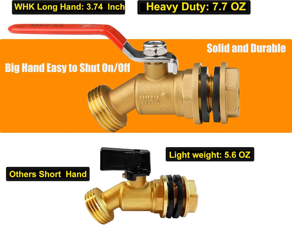 WHK Rain Barrel Spigot Kit-Water Bucket Spigot Faucets-Water Spout Spigot | for 5/50/55 Gallon Bucket, Rain Barrel Water Container WaterTank,1/4 Turn with Long Handle(Brass)