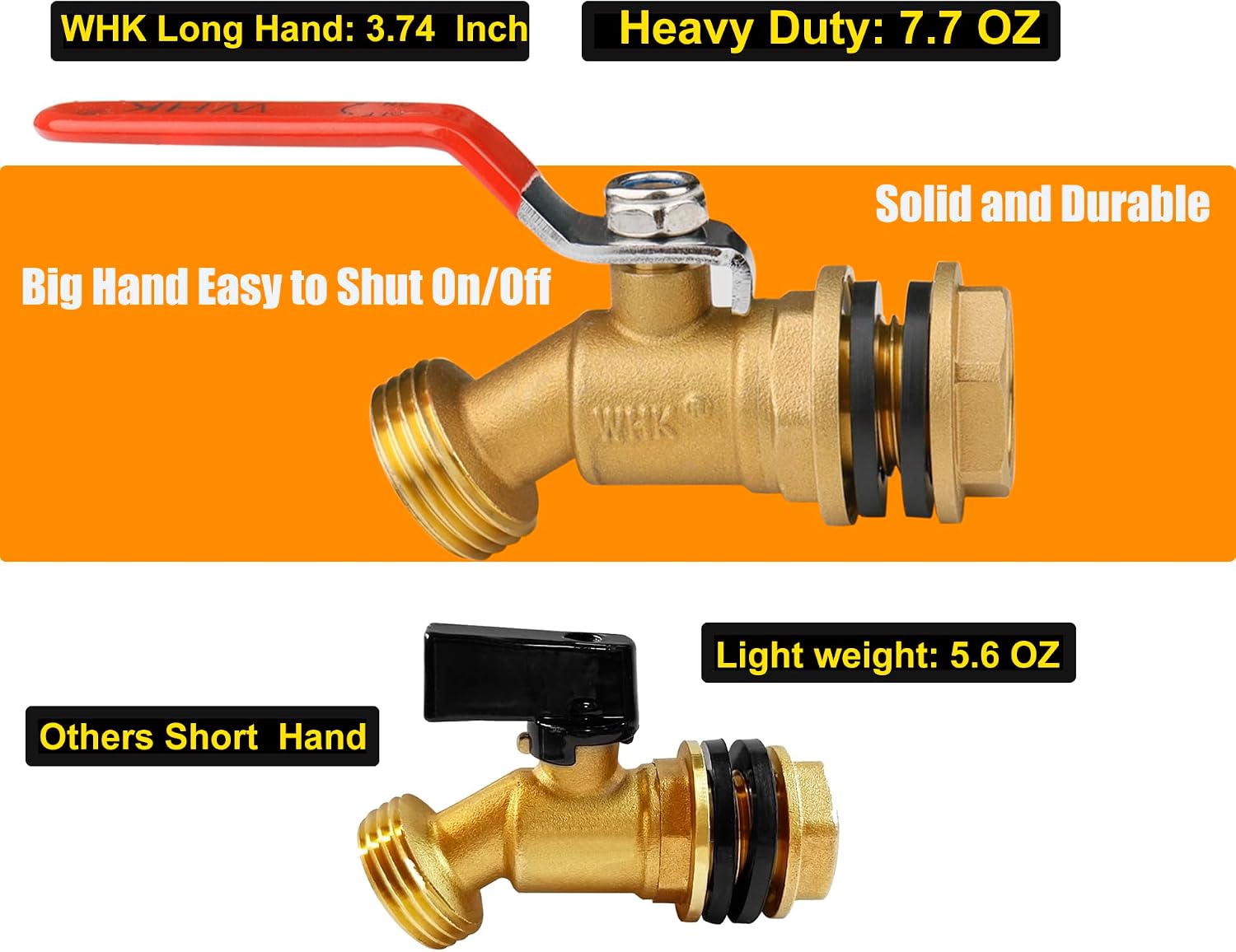 WHK Rain Barrel Spigot Kit-Water Bucket Spigot Faucets-Water Spout Spigot | for 5/50/55 Gallon Bucket, Rain Barrel Water Container WaterTank,1/4 Turn with Long Handle(Brass)