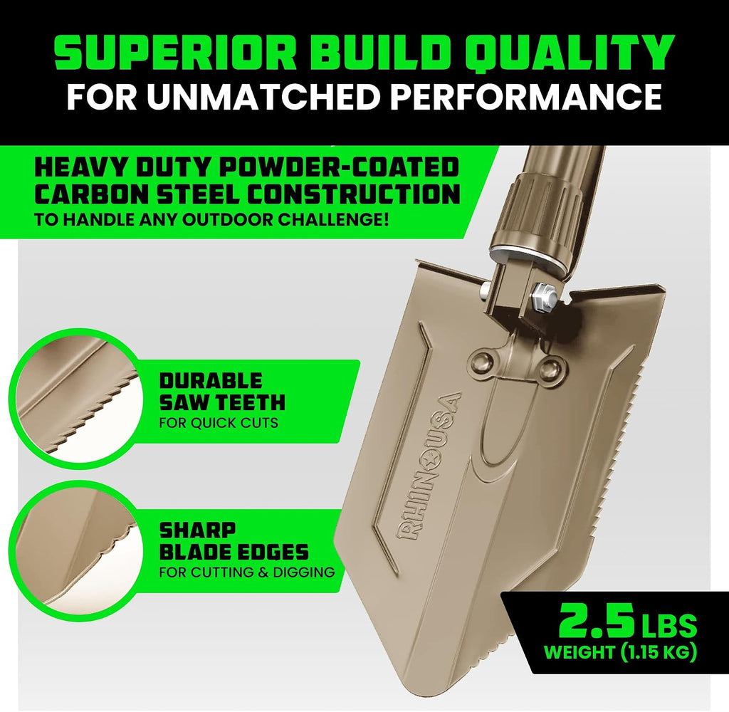 rhino usa folding survival shovel with pick shown in use