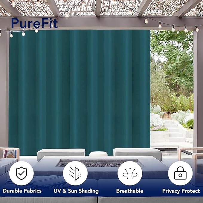 PureFit Outdoor Curtains for Patio Waterproof Weatherproof, UV Resistant Outside Curtains for Gazebo, Front Porch, Pergola, Sun Blocking Privacy Curtain, 120W x 108L inch, 1 Panel, Teal