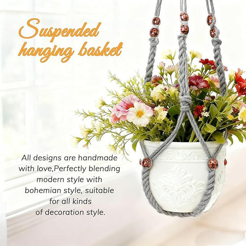 35 Inch Macrame Plant Hanger, Large for up to 15 Inch Pot Extra Long Hanging Planter Holder Basket with Wood Beads for Indoor Outdoor Home Decor (Grey, 2-Pack)