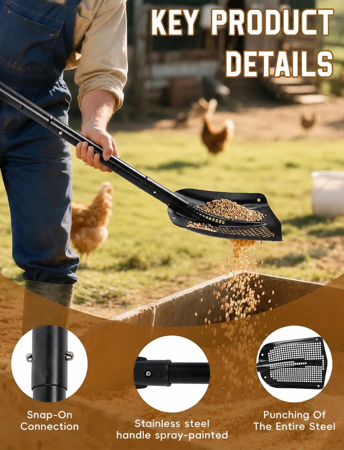 heavy duty sifting shovel with adjustable handle (26"-48"), side view