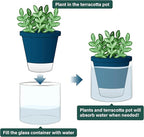 D'vine Dev 4 Inch Design Self Watering Planter for Indoor Plants, Blue Terracotta Pot with Cylinder Glass Cup, Set of 2, 37-Y-A-4