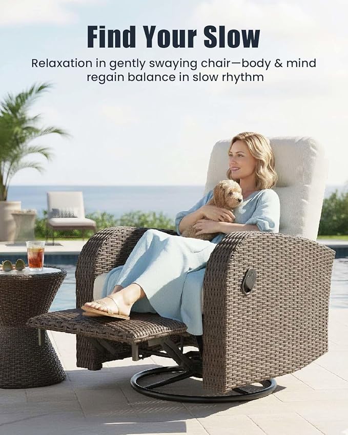 Outdoor Swivel Recliner Chair Set of 2, All-Weather Wicker Reclining Patio Chair with Adjustable Backrest and Footrest