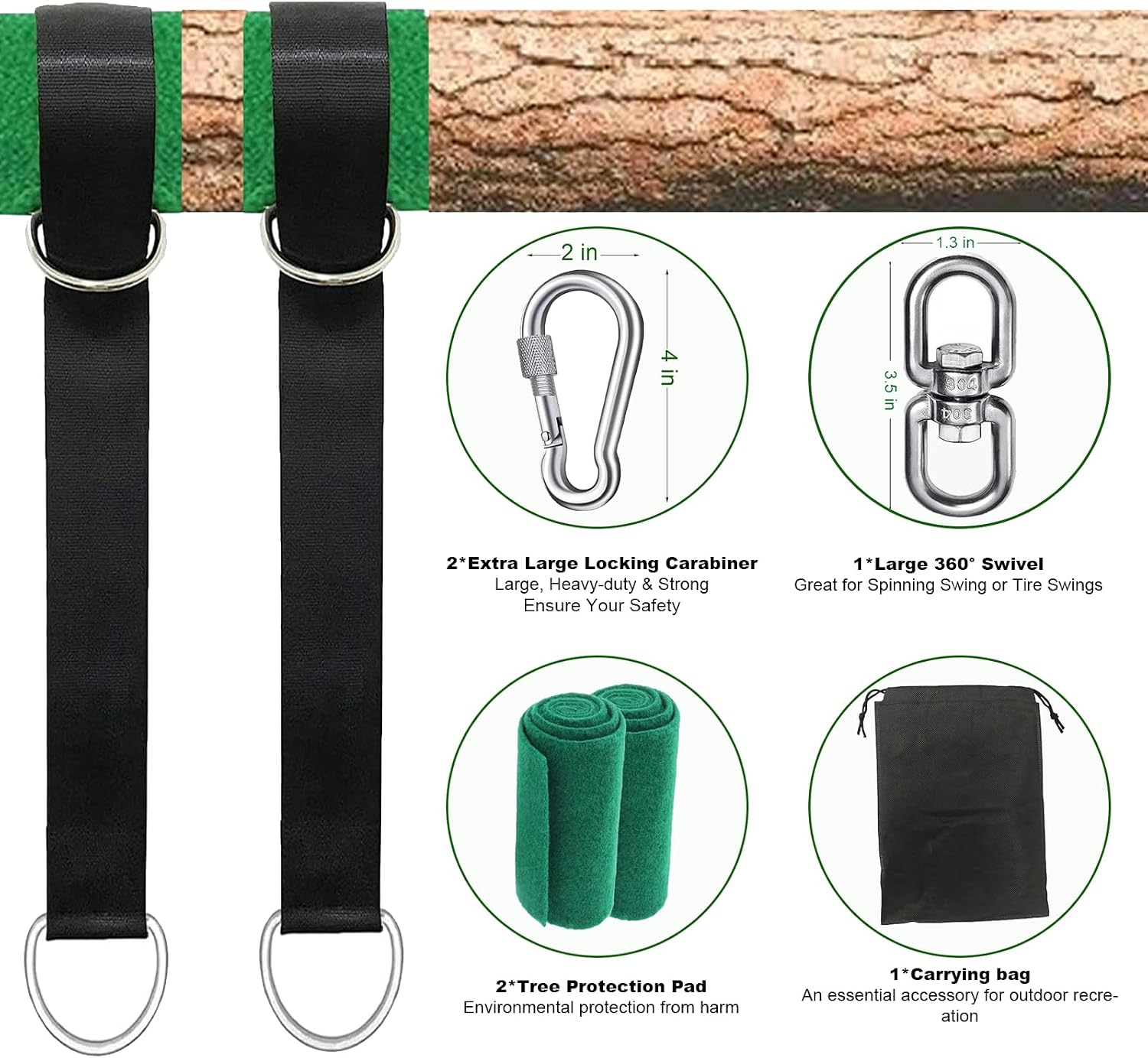 Tree Swing Hammock Straps Kit 3FT, Strong & Durable Tree Swing Straps Hanging Kit with Tree Protector, Safer Lock Snap Carabiner Hooks, Holds Up to 5000 lbs, Safer & Easy Installation for Baby Adults