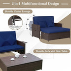 Tangkula Patio Rattan Daybed with 4-Level Adjustable Backrest, Outdoor PE Wicker Loveseat with Storage Ottoman & Folding Side Tray, Double Sunbed Lounger for Balcony, Backyard & Poolside, Navy & Brown