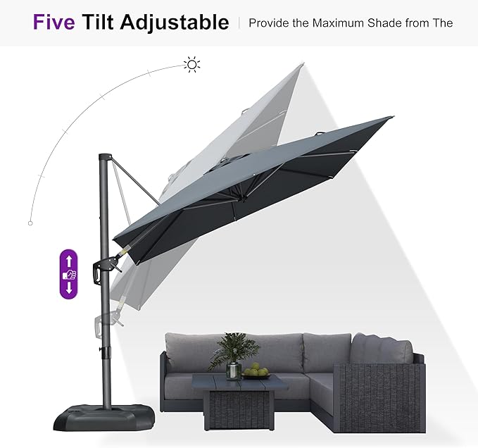 PURPLE LEAF 8'×8' Patio Cantilever Umbrella with Base Included Offset Outdoor Umbrella with cover Square umbrella outdoor patios for Backyard Pool Garden Grey
