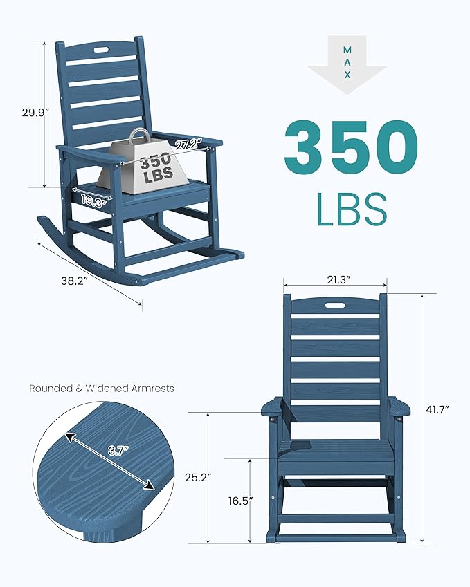 SERWALL Outdoor Rocking Chair Set of 2, Oversized Rocking Chair with Footboard for Adults, HDPE All Weather Resistant Rocking Chairs for Patio, 350lbs Weight Capacity, Navy