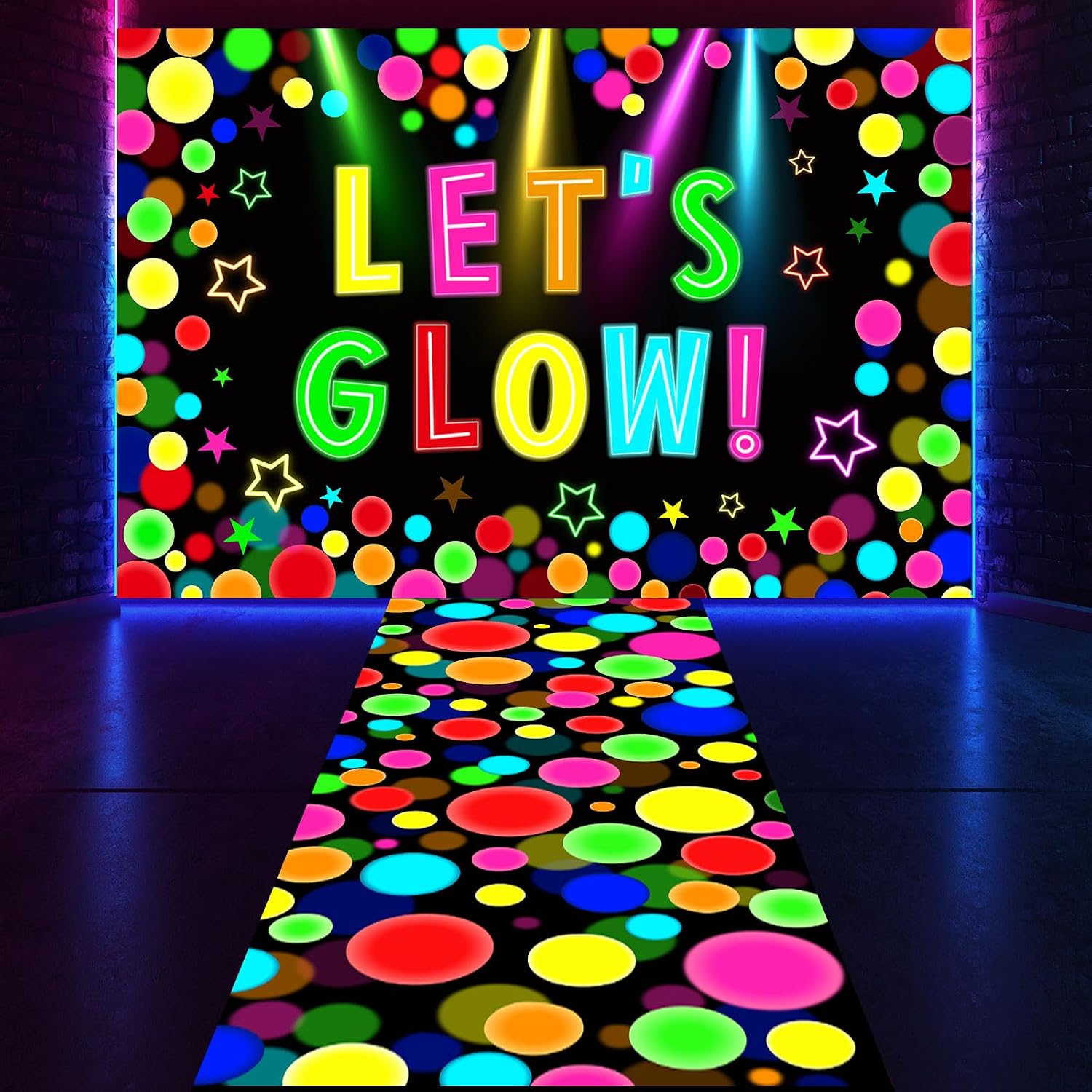 HunnmingRe 2 Pcs Glow in the Dark Party Backdrop Dance Floor Rug, Dot | Neon Backdrop 3.9x5.9ft, 39x118in Light up Floor Mat, Photo Booth Background for Bar Disco Birthday 70s 80s Glow Party