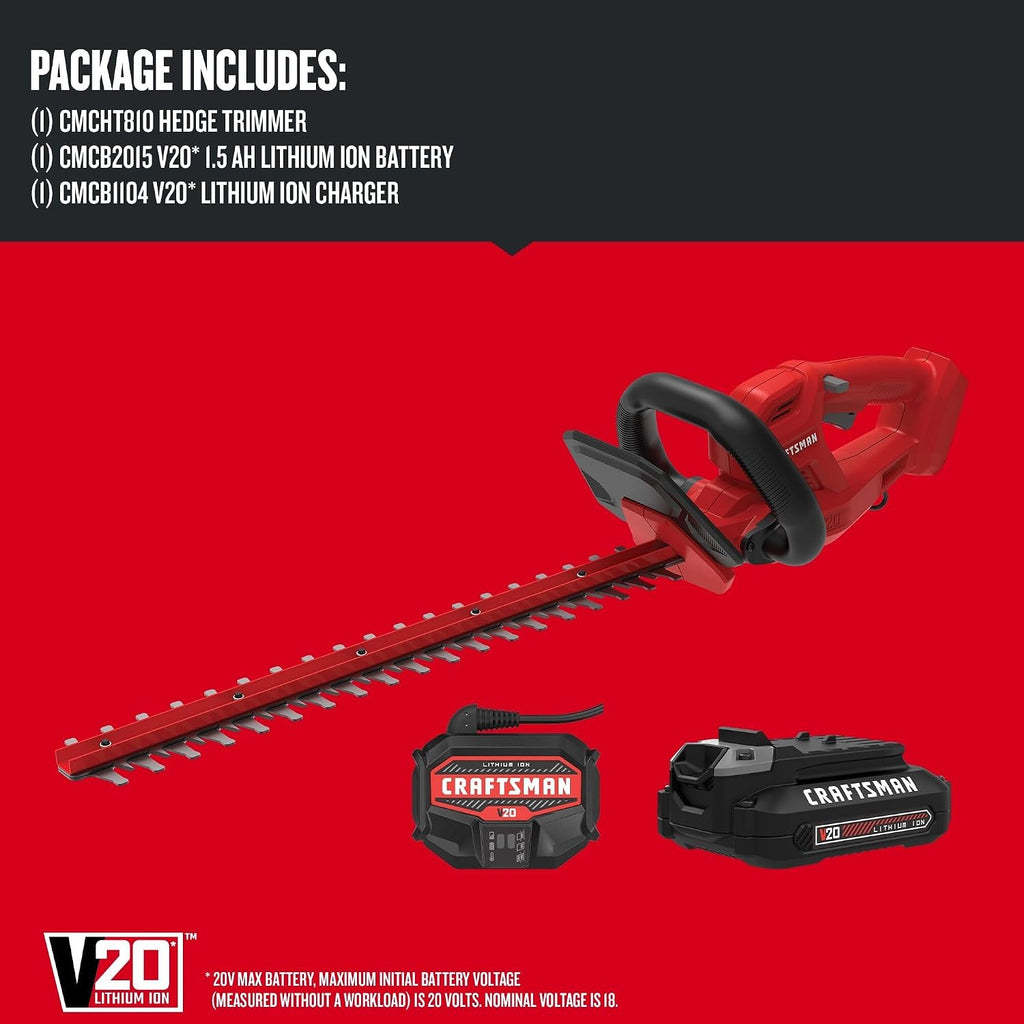 CRAFTSMAN V20 Cordless Hedge Trimmer with Battery and Charger Included, 20 in. Blade, Rechargeable Bush Trimmer Cordless, Lightweight (CMCHT810C1)