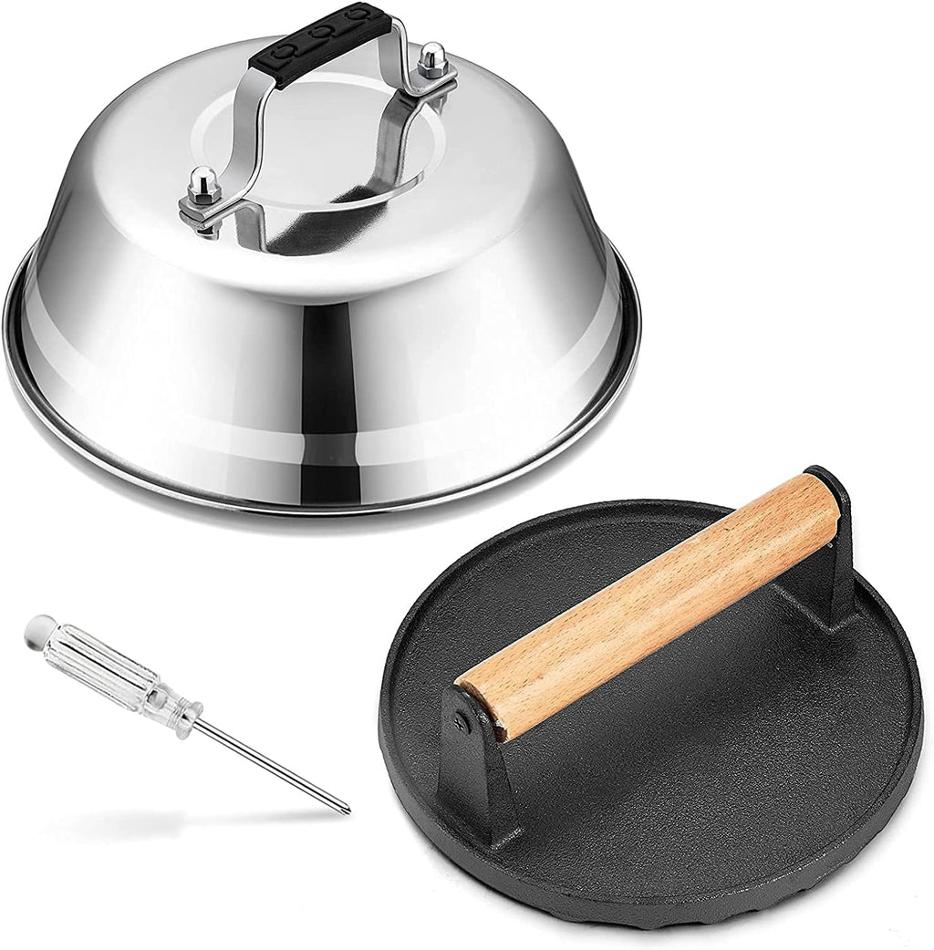 HaSteeL Basting Cover & Burger Press for Outdoor Grilling Steaming | 9In Stainless Steel Melting Dome & 6In Grill Press, Professional Griddle Lid Kit for Flat Top Teppanyaki Cooking