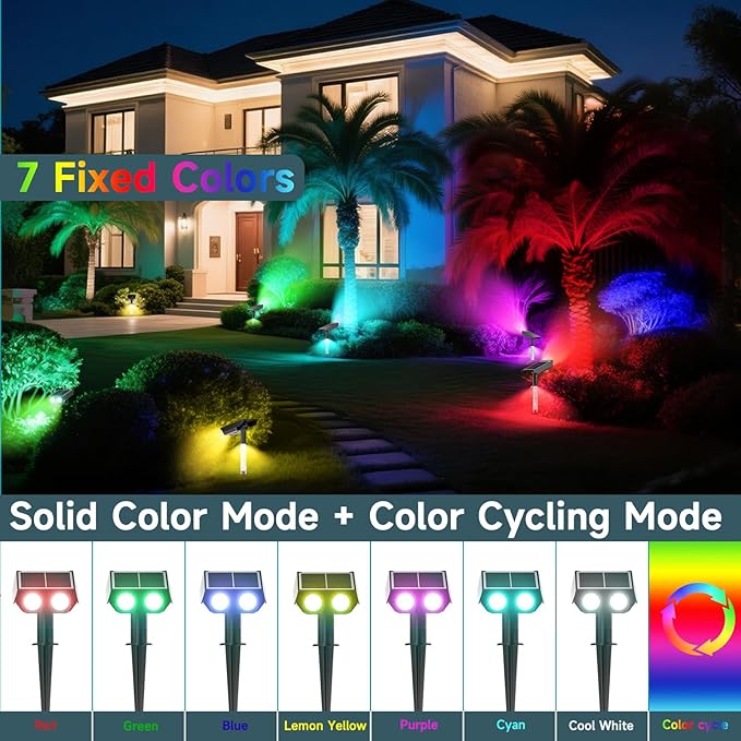 RGB Solar Spot Lights : 2 IN 1 Solar Lights Outdoor with 8 Lighting Modes & PC Light Guide Column for Tree Garden Yard Pathway | RGB Color Changing Landscape Lights | IP65 Waterproof | 4 Pack