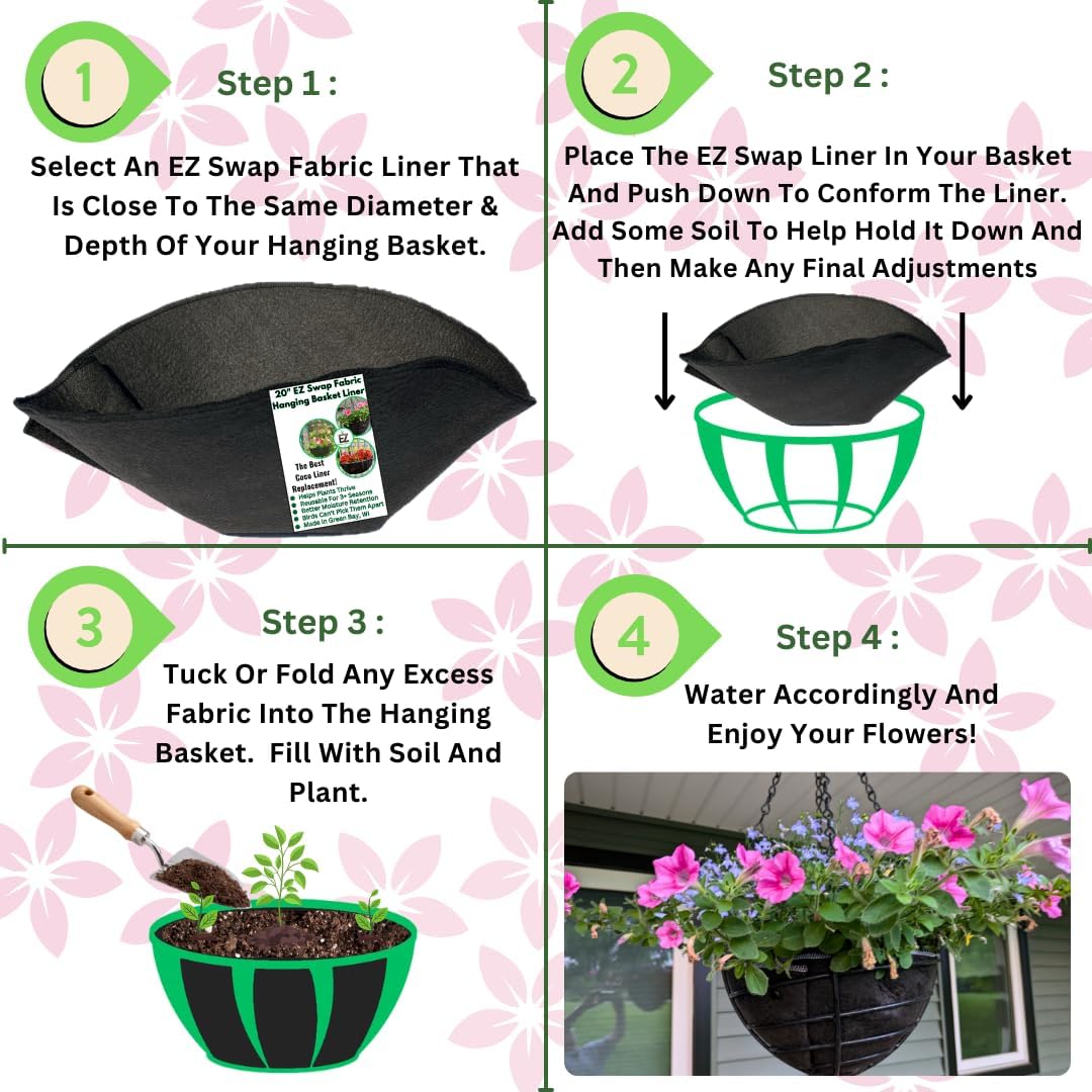EZ Swap 20" Fabric Coco Liner Replacement for Round Hanging Baskets – Bird Proof Moisture Retaining Planter Insert, Made in Green Bay, WI