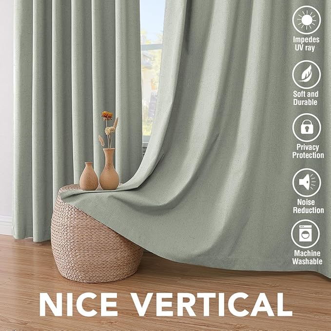 H.VERSAILTEX Primitive Linen Curtains 100% Blackout Curtain Drapes Burlap Fabric Curtains with White Thermal Insulated Liner, Grommet Top Drapes Living Room/Bedroom (2 Panels, 42 x 45 Inch, Sage)