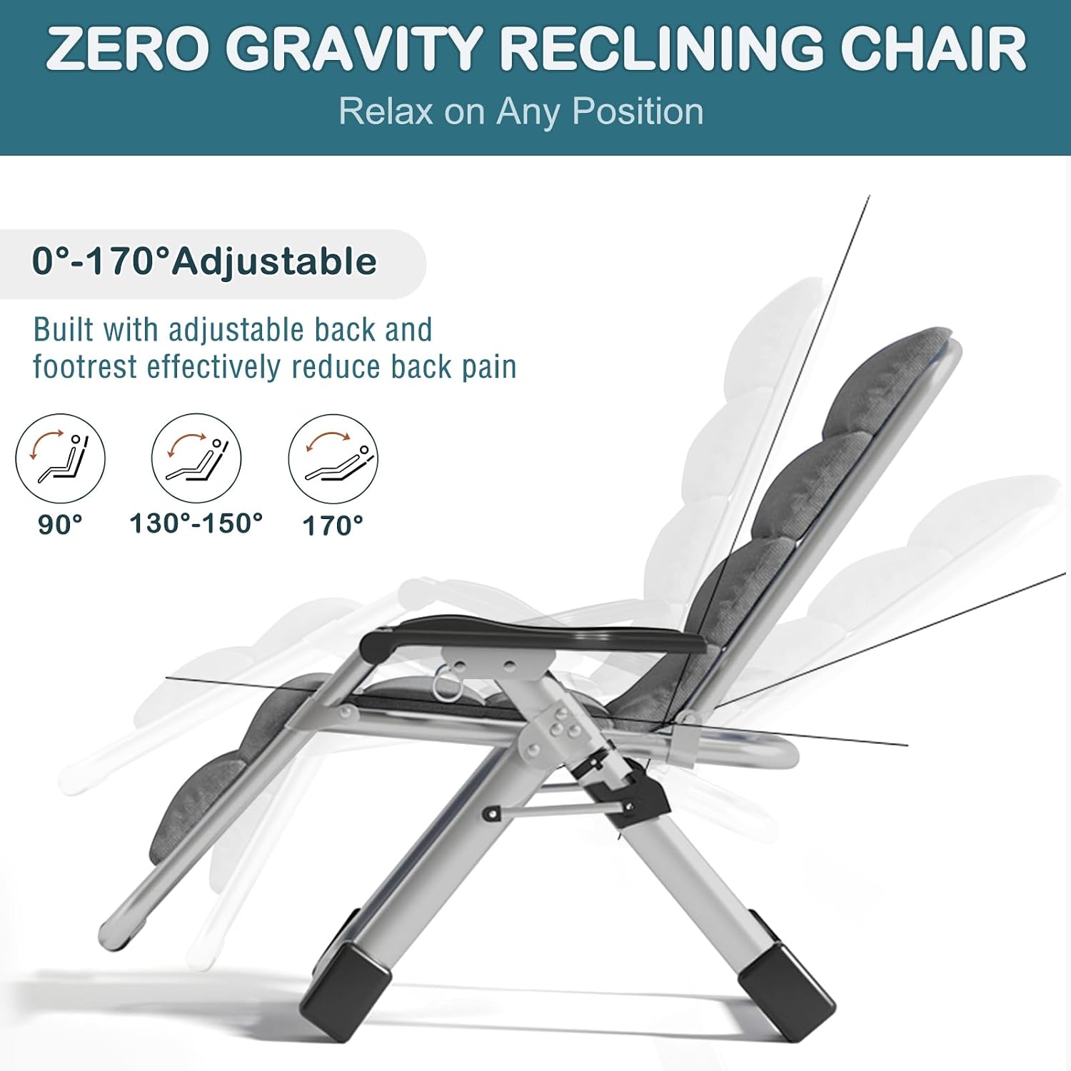 Padded Zero Gravity Chair, Folding Outdoor Lounge Chairs, Adjustable Reclining Camping Chairs with Cup Holder, Ergonomic Patio Lawn Chair for Balcony Beach Deck Yard