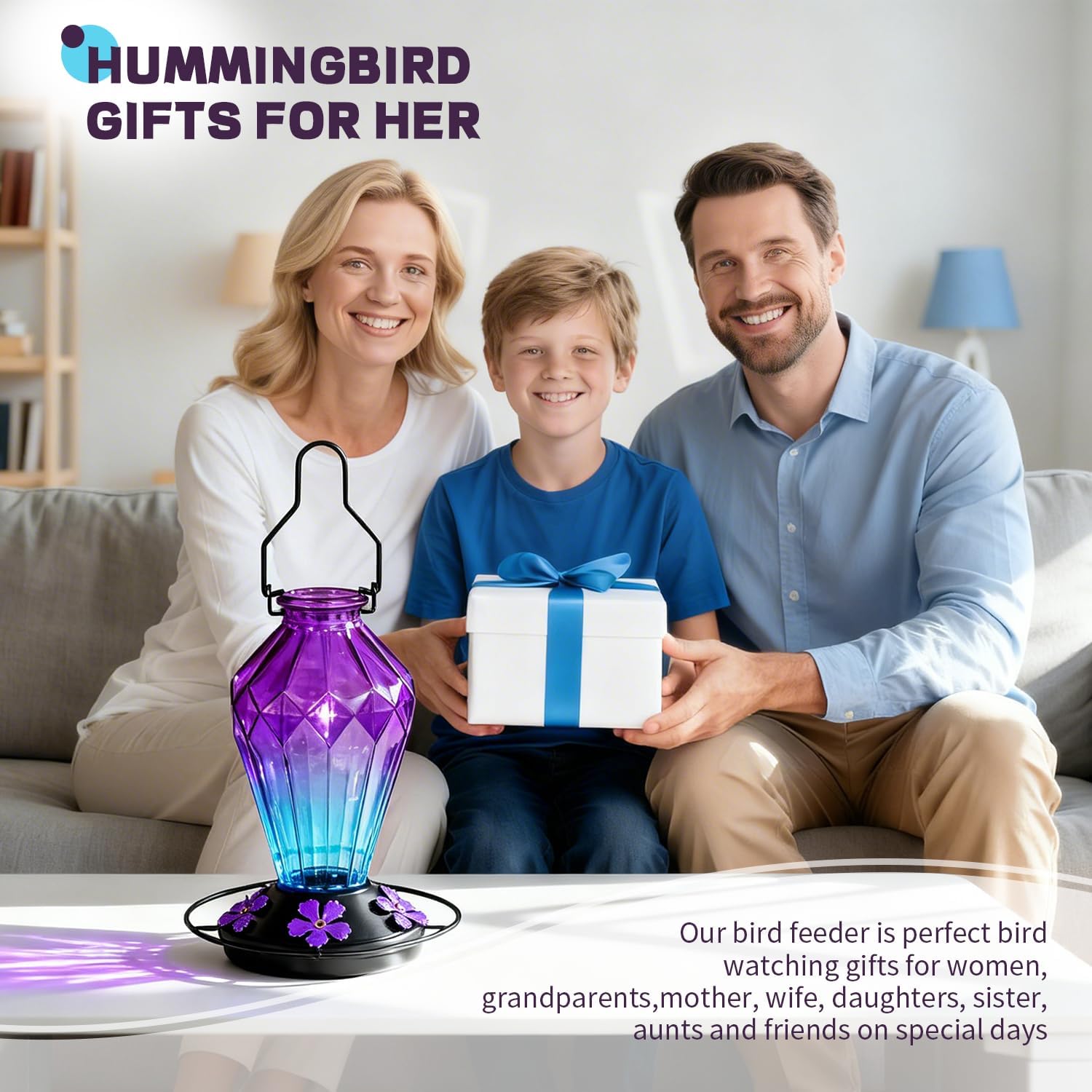 Glass Hummingbird Feeder for Outdoors Hanging, 25Oz Humming Bird Nectar Feeder, Perch, 5 Flower Feeding Ports, Leak Proof Base, Hook for Outside Garden Backyaard, Gift for Women, Diamond Purple