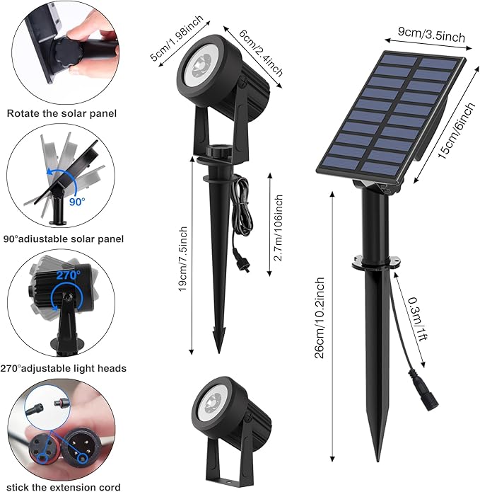 T-SUNUS RGB Solar Landscape Spotlights Christmas, Color Changing Spot Light Outdoor IP65 Waterproof Garden Lights 9.8ft Cable with Separated Panel for Yard Driveway Porch Walkway Pool Patio Halloween