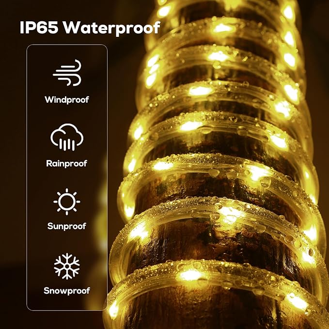 50FT 360 LED Waterproof Rope Lights Outside with Remote, 8 Modes and 4 Brightness Tube Lights for Christmas, Bedroom, Patio, Garden, Indoor Outdoor Decoration (Warm White)