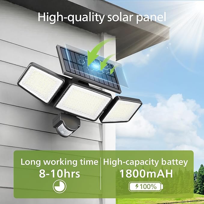 Philips Solar Security Light Outdoor Light 302 LEDs 1200lm，Solar-Powered Waterproof Wall-Mounted Flood Light w/PIR Motion Sensor, 3 Heads, IP65 Waterproof, 3 Modes (1 Pack)