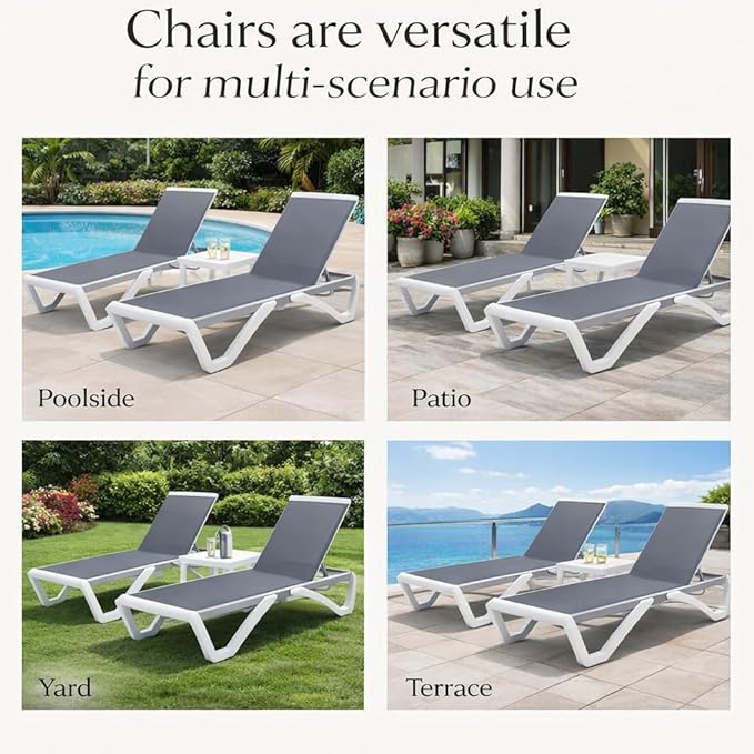 Kozyard Outdoor Chaise Lounge Chair, Full Flat Adjustable Patio Lounger with Aluminum Frame & Resin Legs, Textilene Fabric for Poolside, Backyard & Beach (Gray Without Table)