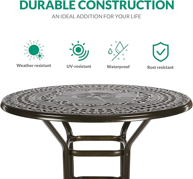 VIVIJASON 5-Piece Patio Swivel Bar Stools Set, All Weather Cast Aluminum Outdoor Bar Height Bistro Set with 4 Cushioned Bar Chairs & 38.5" High Bar Table w/Umbrella Hole for Backyard, Lawn, Garden