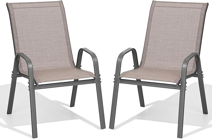 Patio Chairs Set of 2, Easily Set Up Stackable Outdoor Dining Chairs with High Back and Wide Seat, All Weather Breathable Outdoor Chairs Set of 2 with Metal Frame for Backyard Deck Pool, Brown