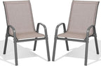 Patio Chairs Set of 2, Easily Set Up Stackable Outdoor Dining Chairs with High Back and Wide Seat, All Weather Breathable Outdoor Chairs Set of 2 with Metal Frame for Backyard Deck Pool, Brown