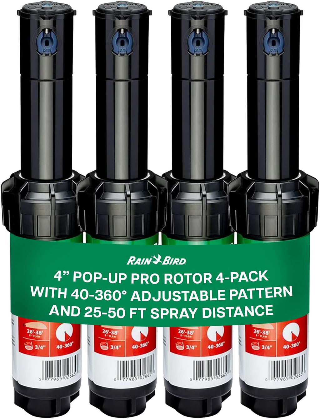 Rain Bird 5000 Heavy Duty Simple Adjust Gear Driven Rotor Sprinkler Head | 4-Pack, 3/4 inch Inlet - Water Efficient 4 inch Pop Up Lawn Sprinkler, Adjustable 40 - 360 Degree Arc and 25 - 50 ft Radius
