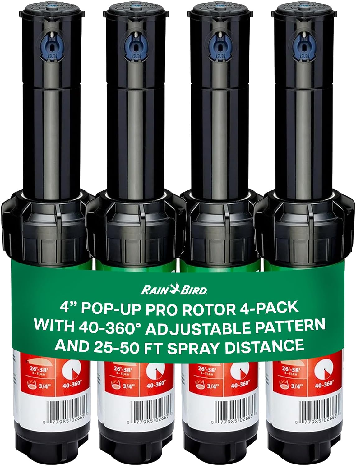 Rain Bird 5000 Heavy Duty Simple Adjust Gear Driven Rotor Sprinkler Head | 4-Pack, 3/4 inch Inlet - Water Efficient 4 inch Pop Up Lawn Sprinkler, Adjustable 40 - 360 Degree Arc and 25 - 50 ft Radius