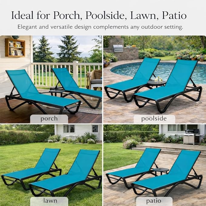 Kozyard Outdoor Chaise Lounge Chair, Full Aluminum Frame, Adjustable Reclining Patio Lounger for Poolside, Sunbathing & Backyard, Textilene (Aqua)