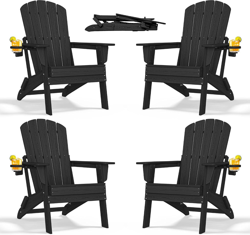 Folding Adirondack Chairs Set of 4, HDPE Cup Holders, Black | Patent pinless folding design, 380lbs, Extended backrest, Natural Wood Look, maintenance-free, All-Weather, Quick setup