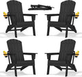 Folding Adirondack Chairs Set of 4, HDPE Cup Holders, Black | Patent pinless folding design, 380lbs, Extended backrest, Natural Wood Look, maintenance-free, All-Weather, Quick setup