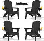 Folding Adirondack Chairs Set of 4, HDPE Cup Holders, Black | Patent pinless folding design, 380lbs, Extended backrest, Natural Wood Look, maintenance-free, All-Weather, Quick setup