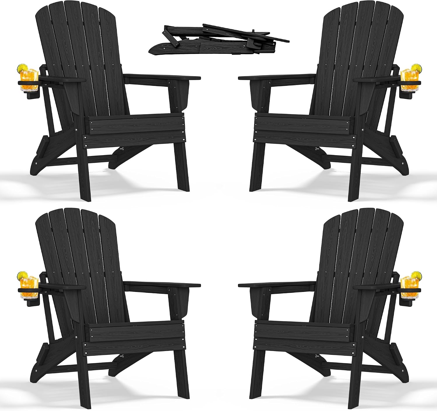 Folding Adirondack Chairs Set of 4, HDPE Cup Holders, Black | Patent pinless folding design, 380lbs, Extended backrest, Natural Wood Look, maintenance-free, All-Weather, Quick setup