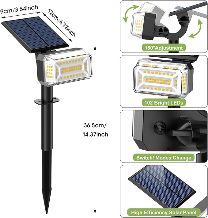 102 LED Solar Spot Lights Outdoor Waterproof IP65, Adjustable Landscape Spotlights, [8 Pack/4 Modes] Auto On/Off Solar Powered Flood Lights for Outside Yard Garden Wall Pathway (Warm White)