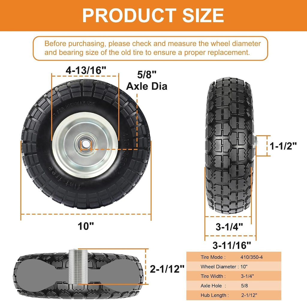 10" solid tires, 4.10/3.50-4 tire and wheel flat shown in use