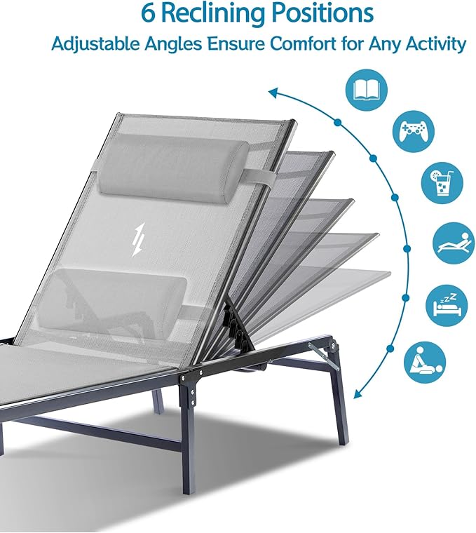 4 Pack Foldable Chaise Lounge Chair with Cup Holder, Assemble-Free Outdoor Lounge Chair with Detachable Pillow and 6 Adjustable Backrest, Patio Lounge Chair for Outside Poolside Beach Pool, Grey