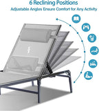 Foldable Chaise Lounge Chair with Cup Holder, Assemble-Free Outdoor Lounge Chair with Detachable Pillow and 6 Adjustable Backrest, Patio Lounge Chair for Outside Poolside Beach Pool, Grey