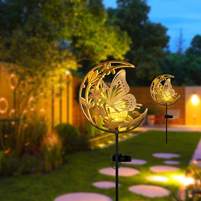 ShangTianFeng Butterfly Lights Outdoor Decor - Moon & Bird SolaGardenLights Waterproof, Auto On/Off Pathway Lighting for Yard/Lawn/Patio, Handcrafted Metal Solar-Stake-Lights for Outside Decorations