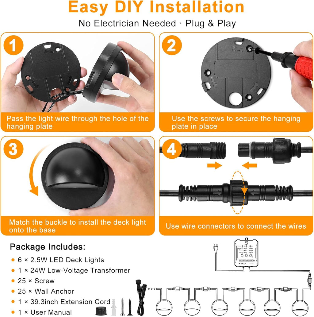 low voltage led deck lights kit with plug-in, package contents