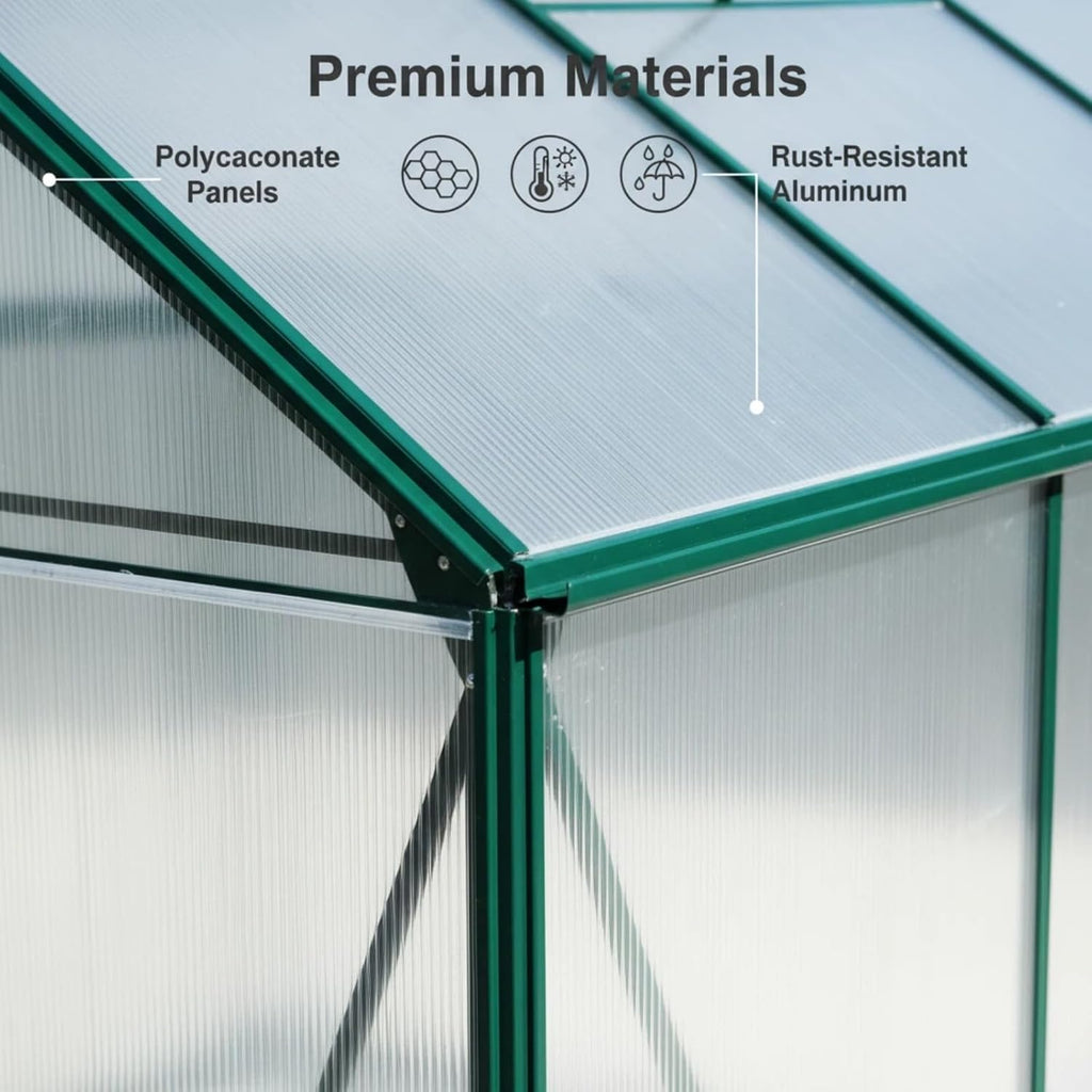 6x8 ft greenhouse, walk-in heavy duty polycarbonate outdoor, front angle view