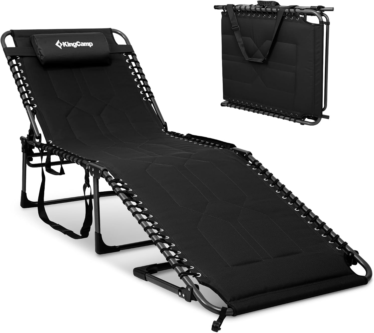KingCamp Oversized Tanning Chair Padded Lounge Chair, Black | Extra-Wide Padded, Folding Chase Lounge, Portable Adjustable 5-Position, 440lbs Heavy Duty