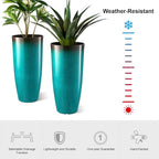 Glitzhome 30" H Tall Outdoor Planter, Set of 2 Large Tall Planters with Gradient Turquoise Faux Ceramic Finish, Plastic Large Flower Pots for Porch Garden Indoor All Season Decor,with Drainage Holes