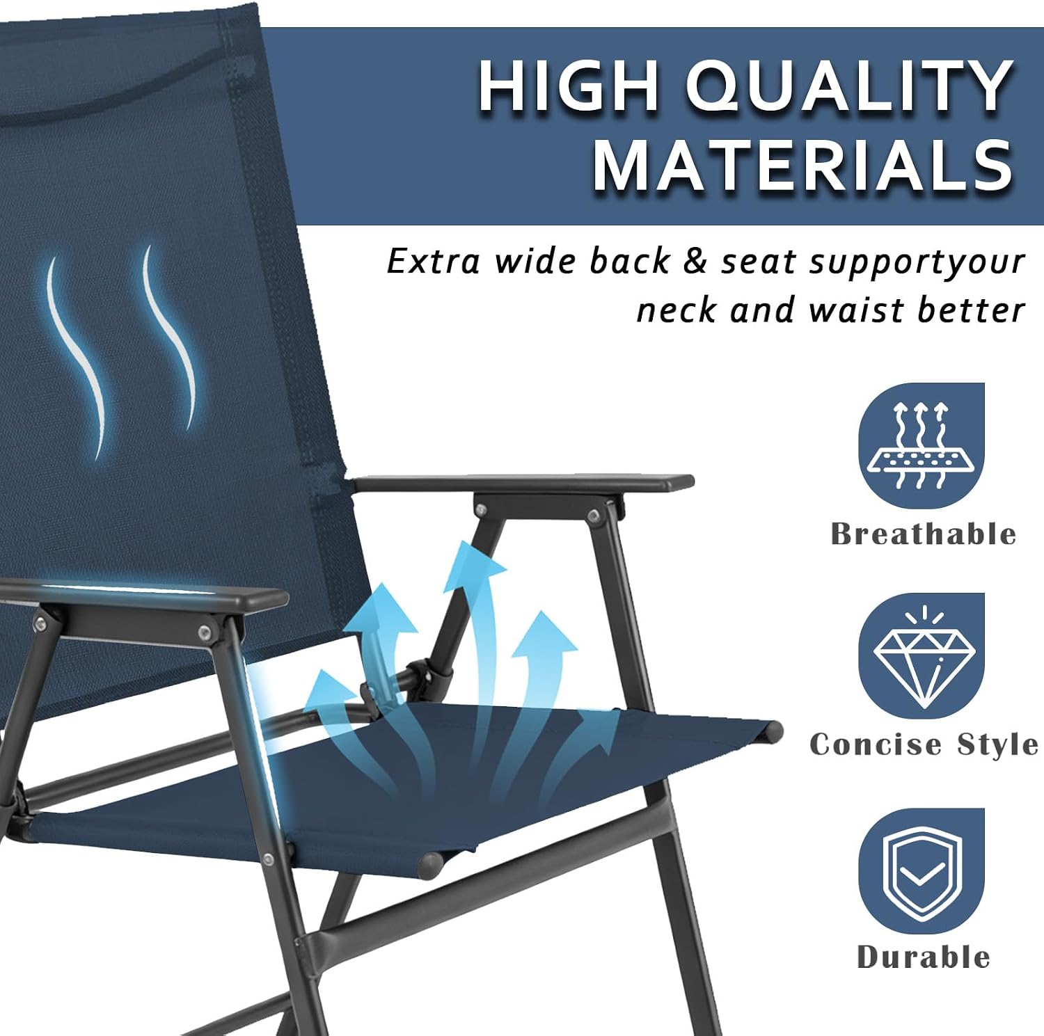 YLGJ&TIDY Folding Patio Chairs Set of 2 Stackable Outdoor Chairs with Armrests Backrest Portable Folding Chair for Patio Garden Camping Fishing Yard Lawn,No Assembly (Blue, 2 Pcs)