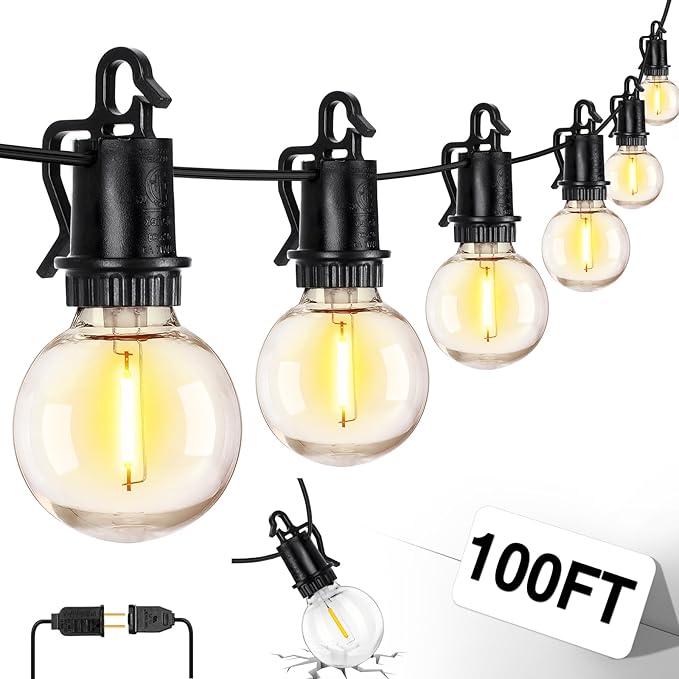 ZJOJO LED Outdoor String Lights,100FT Outdoor Lights for Patio with 32 Shatterproof Bulbs, 2700K Dimmable Waterproof Globe LED Patio Light Lights for Outside Christmas Backyard Bistro Porch Garden