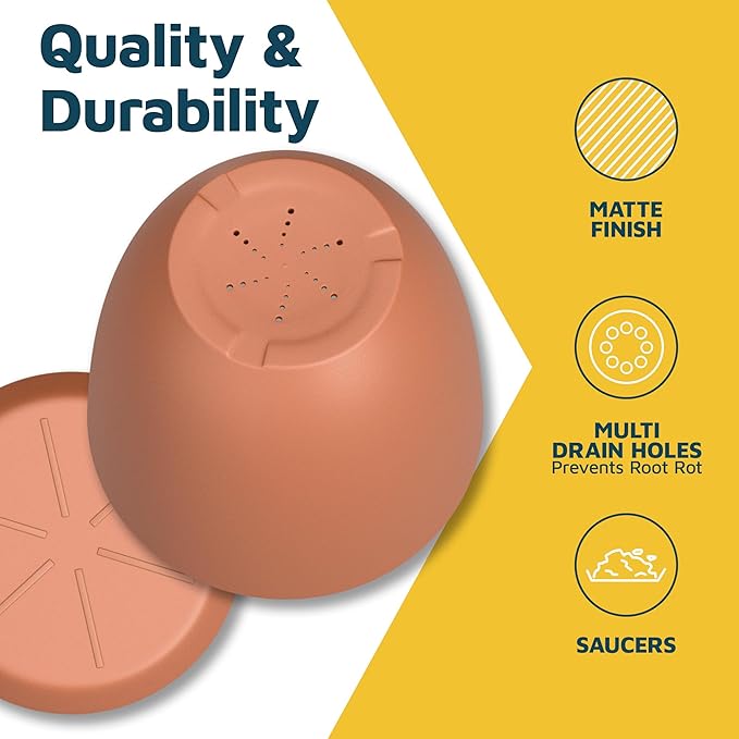 Terracotta Plant Pots with Drainage Holes & Saucers 15 Pack, Indoor & Outdoor Stackable Space-Saving Planters for Houseplants & Flowers, (7", 6.7", 6", 5.3", and 4.8" Inches), Durable & Weatherproof