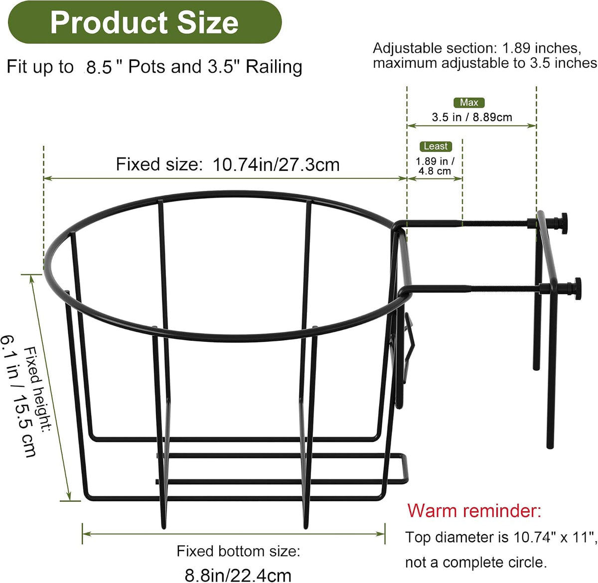 tqvai adjustable hanging railing planter for 1.89 to, close-up detail