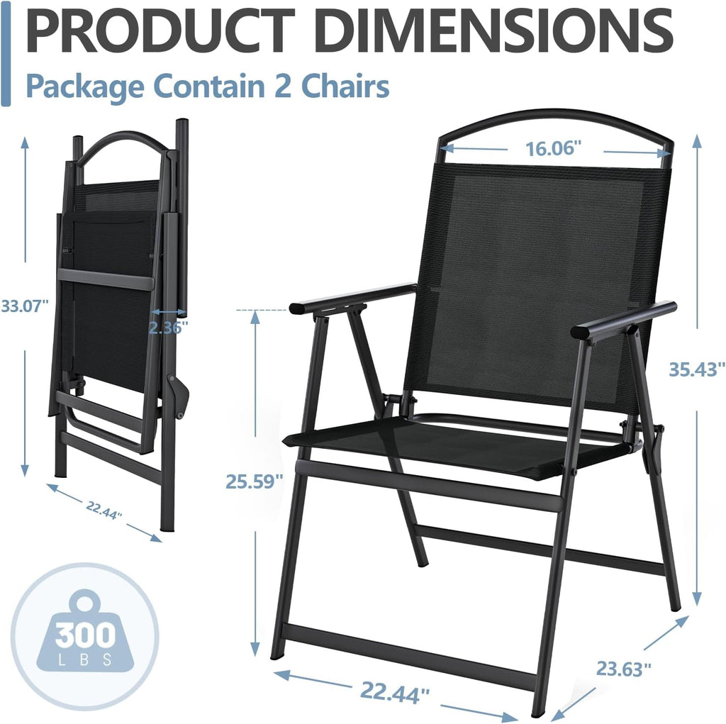 Outdoor Patio Chairs Set of 2, Folding Lawn Chairs, Black | Foldable Lightweight Dining Chairs with Armrests & Back Support, Breathable Textilene & Metal Frame for Deck, Lawn, Camping