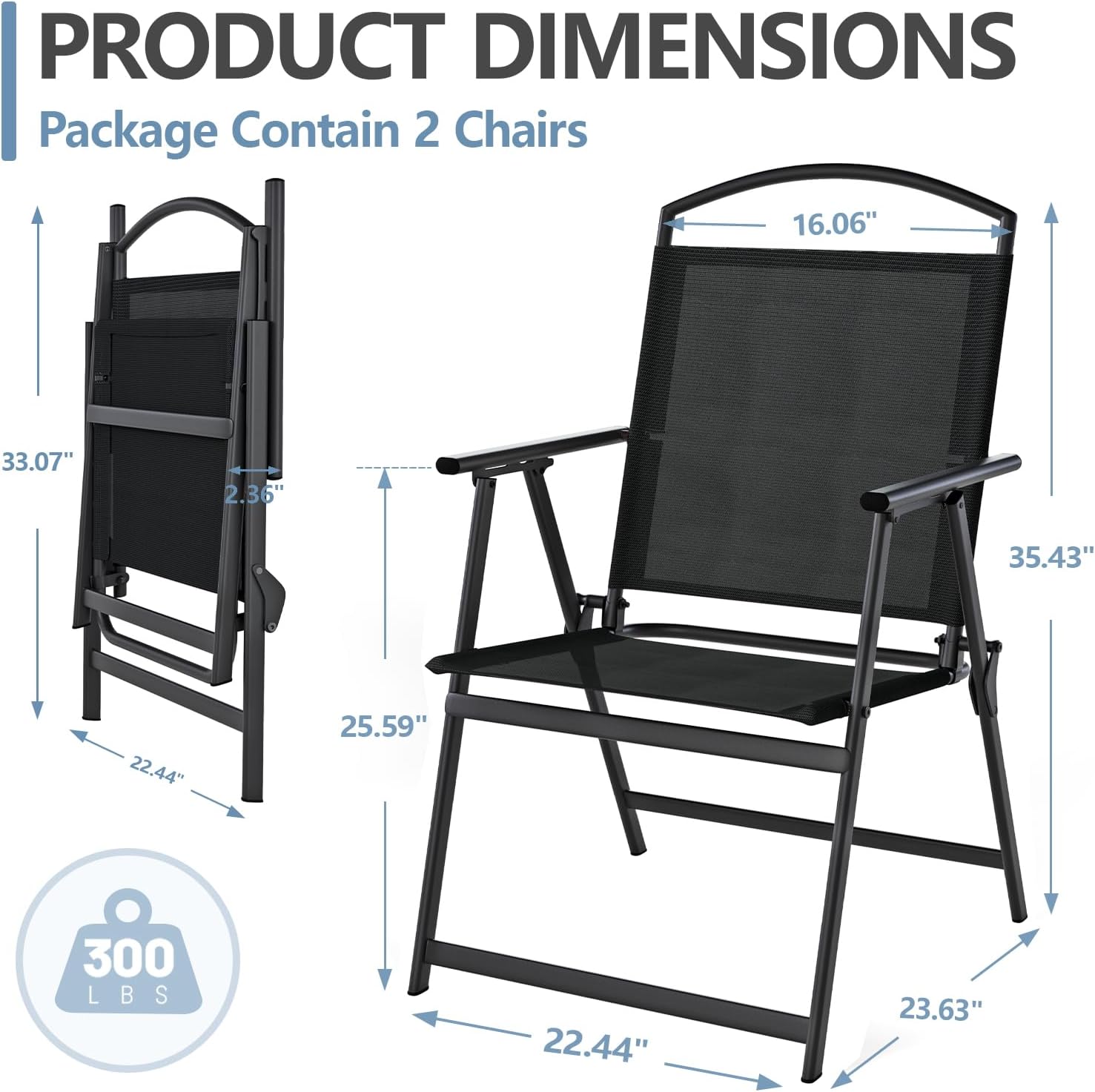 Outdoor Patio Chairs Set of 2, Folding Lawn Chairs, Black | Foldable Lightweight Dining Chairs with Armrests & Back Support, Breathable Textilene & Metal Frame for Deck, Lawn, Camping